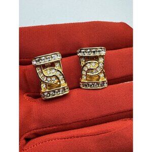 Christian Dior Vintage Gold Tone Rhinestone Clip On Sparkling Earrings  DD Logo